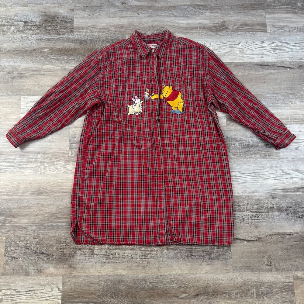 Vintage 90s Disney Winnie the Pooh Piglet Plaid Sleep Shirt Nightgown Cotton XL